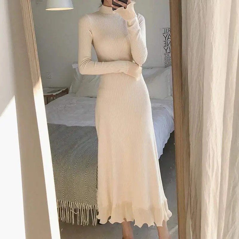 

Elegant Pullover Knitted Woolen Dress Ruffled Dress Lace Edge Bottoming Jersey Dress Women's Autumn and Winter Long Sleeve Dress