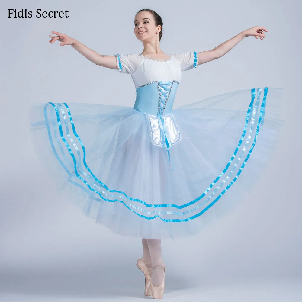 Sky Blue Napoli Long Romantic Tutu,Women Short Sleeve Peasant Ballet Dance Dress,Girls Ballerina YAGP Performance Stage Costumes