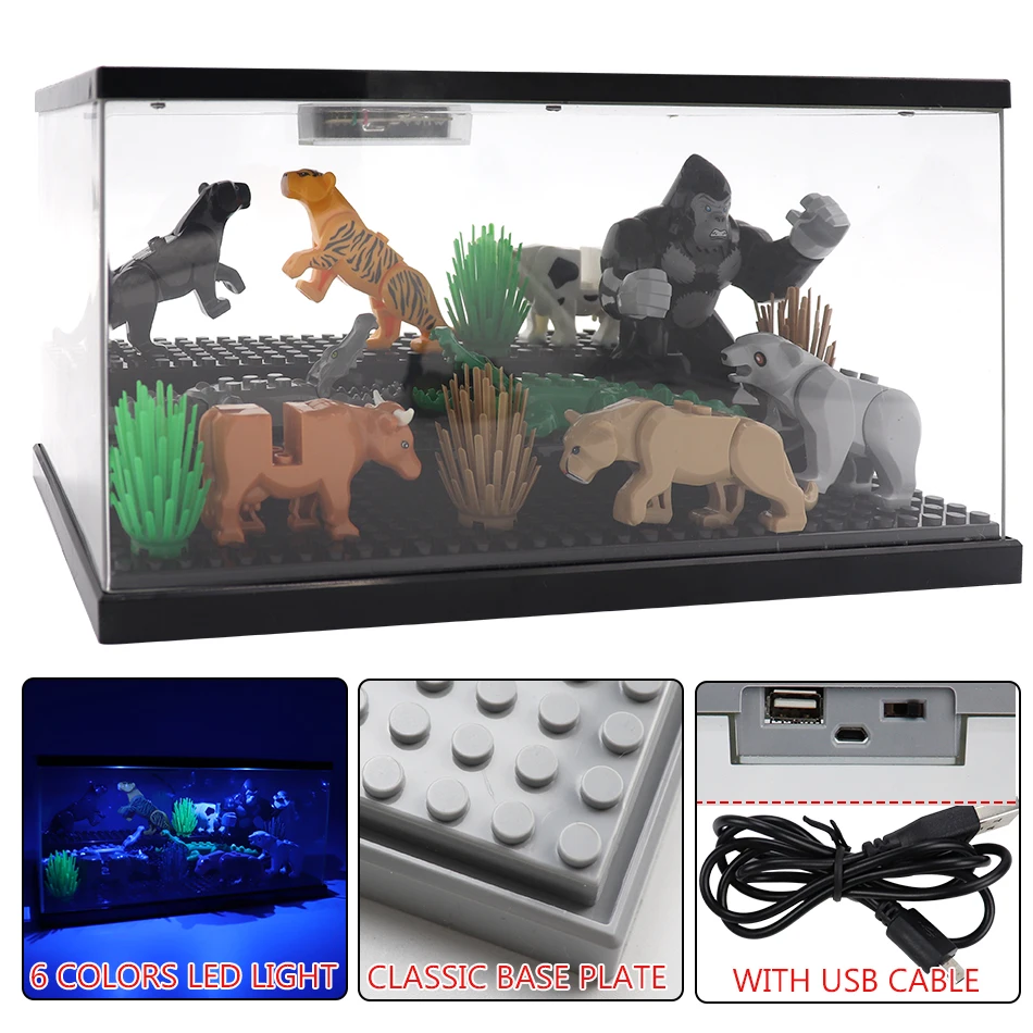 

3 Steps LED Light USB Cable Acrylic Dust-proof Board Action Figures Display Box Case Building Blocks Toys For Children