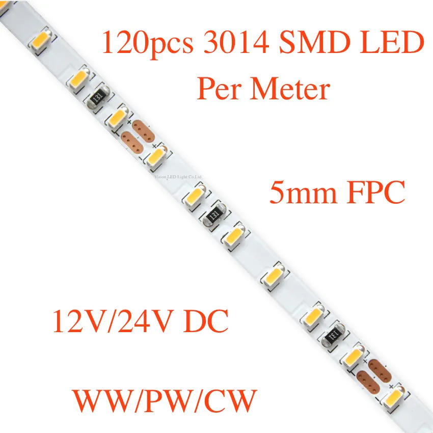 5MM Width FPC SMD3014 LED Strip light, 5m a roll/ a lot, 120pcs 3014 smd led per meter, DC 12V/24V