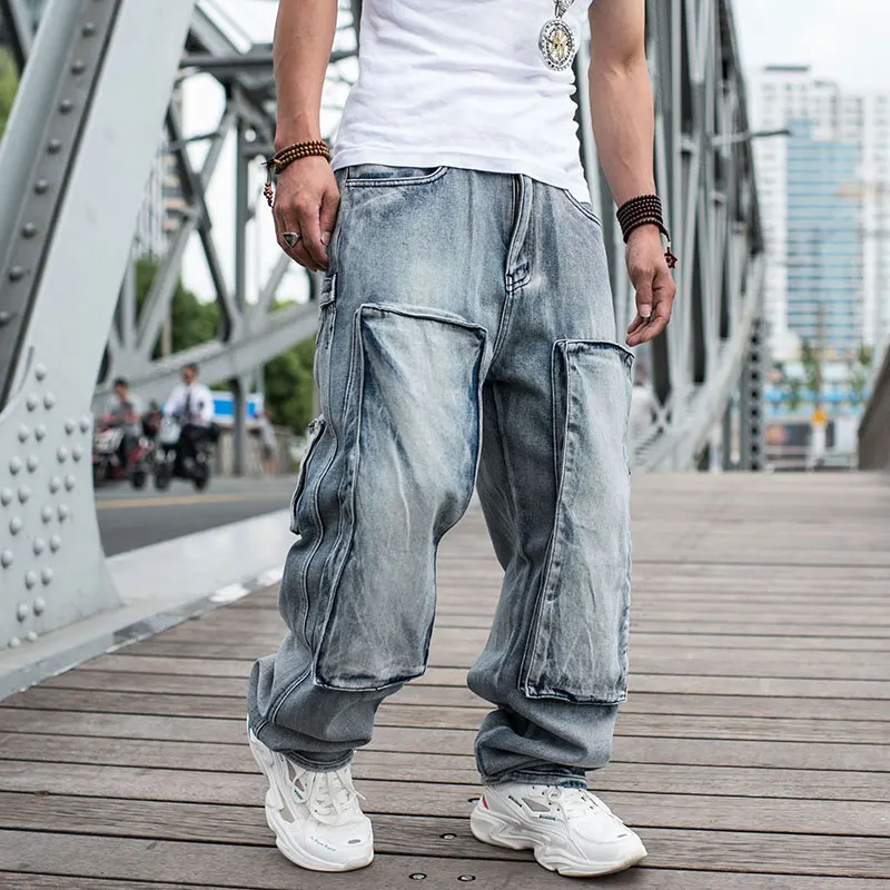 2021 duże rozmiary luźne jeansy męskie spodnie dżinsowe kilka kieszeni proste workowate casualowe w stylu Streetwear hip-hopowe niebieskie spodnie z