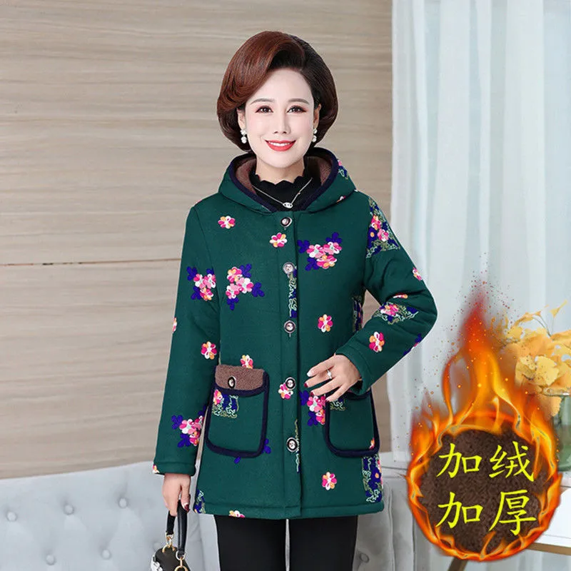 Middle-Aged Elderly Women\'s Winter Cotton Jacket 2025New Mother\'s  Plus Velvet Thick Coat Female Hooded Outwear Printed Overcoat