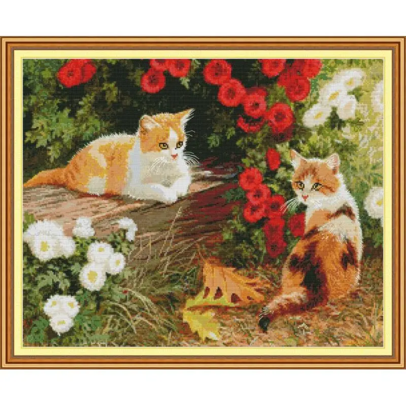 

Joy Sunday Kitten In The Garden Cross Stitch Printed Canvas DMC 11&14CT DIY Ecological Cotton Cross Stitch Kits Embroidery Kit