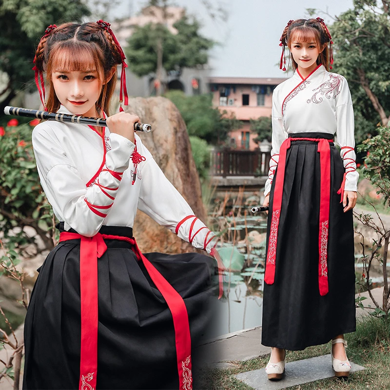 White Chinese clothing Hanfu Song Dynasty long skirt retro Han element embroidered suspender skirt student suit