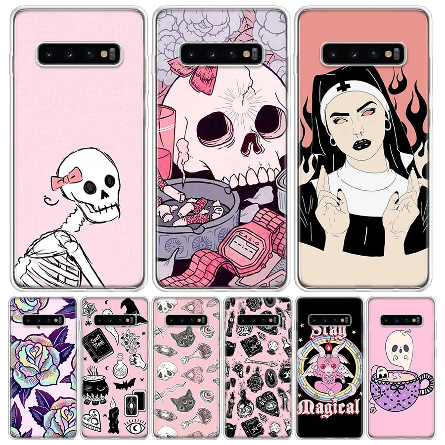 Capa de telefone de silicone para Samsung Galaxy, gato rosa, feiticeira do crânio, chamada de bruxa, S23, S24 Ultra, S21, S20 FE, S22, S10 Plus, S10E, S9, S8 +