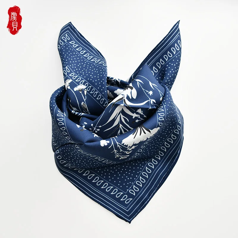 Chinese classic deep blue natrual silk twill scarf women printed flower 100% real silk scarves 65cm square girls wrap lady gift