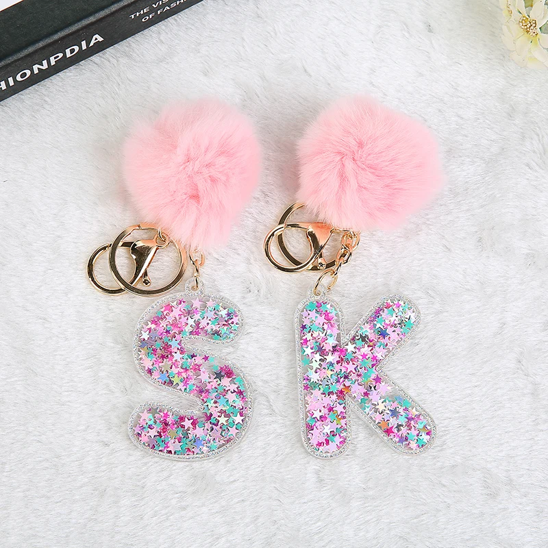 1PC Women Keychain English Letter Glitter with Puffer Ball