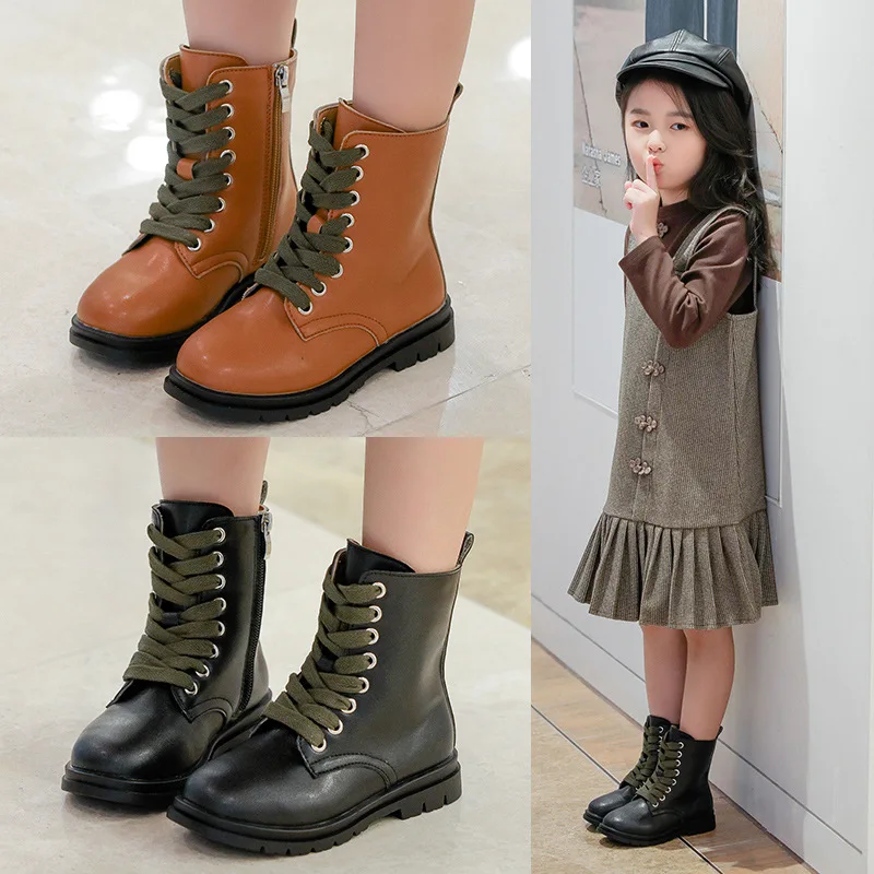 British style children\'s boots Girls Boots Non-slip Spring Autumn Kids leather shoes black brown 3 4 5 6 7 8 9 10 11 12T