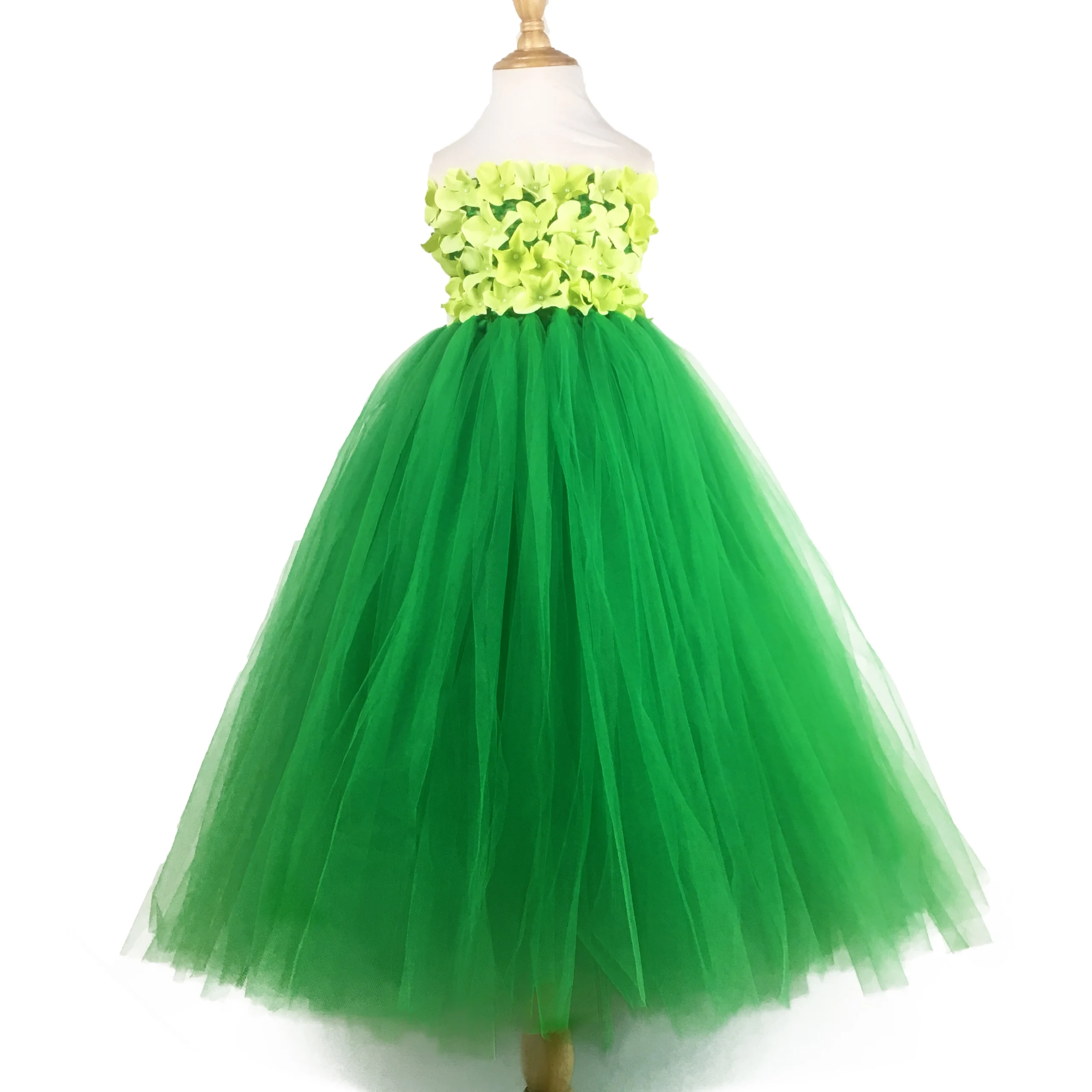 Girls Green Pearl Flower Petals Tutu Dress Kids Crochet Corset Long Dress Ball Gown with Hairbow Children Birthday Party Dresses