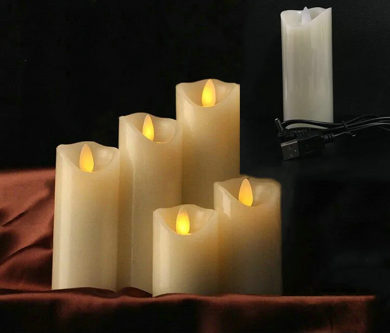 Set of 5 USB powered led candle pillar paraffin wax wavy edge Moving wick Wedding Xmas Party bar Home Decor 10-12.5-15-18-20CM