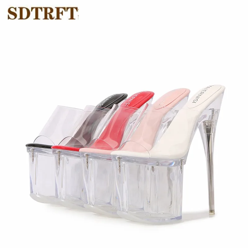 SDTRFT Stilettos Transparent Platforms Sandals 19cm Thin Heel Slipper Peep Toe Flip Flops Shoes Women\'s pumps zapatos de mujer