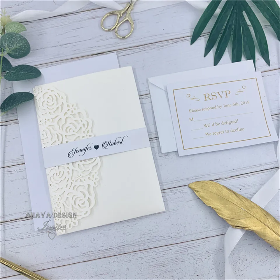 Laser Cut Ivory Pocket Invitations - Laser Cut Invites for Wedding, Sweet Sixteen, Quinceanera, Birthday