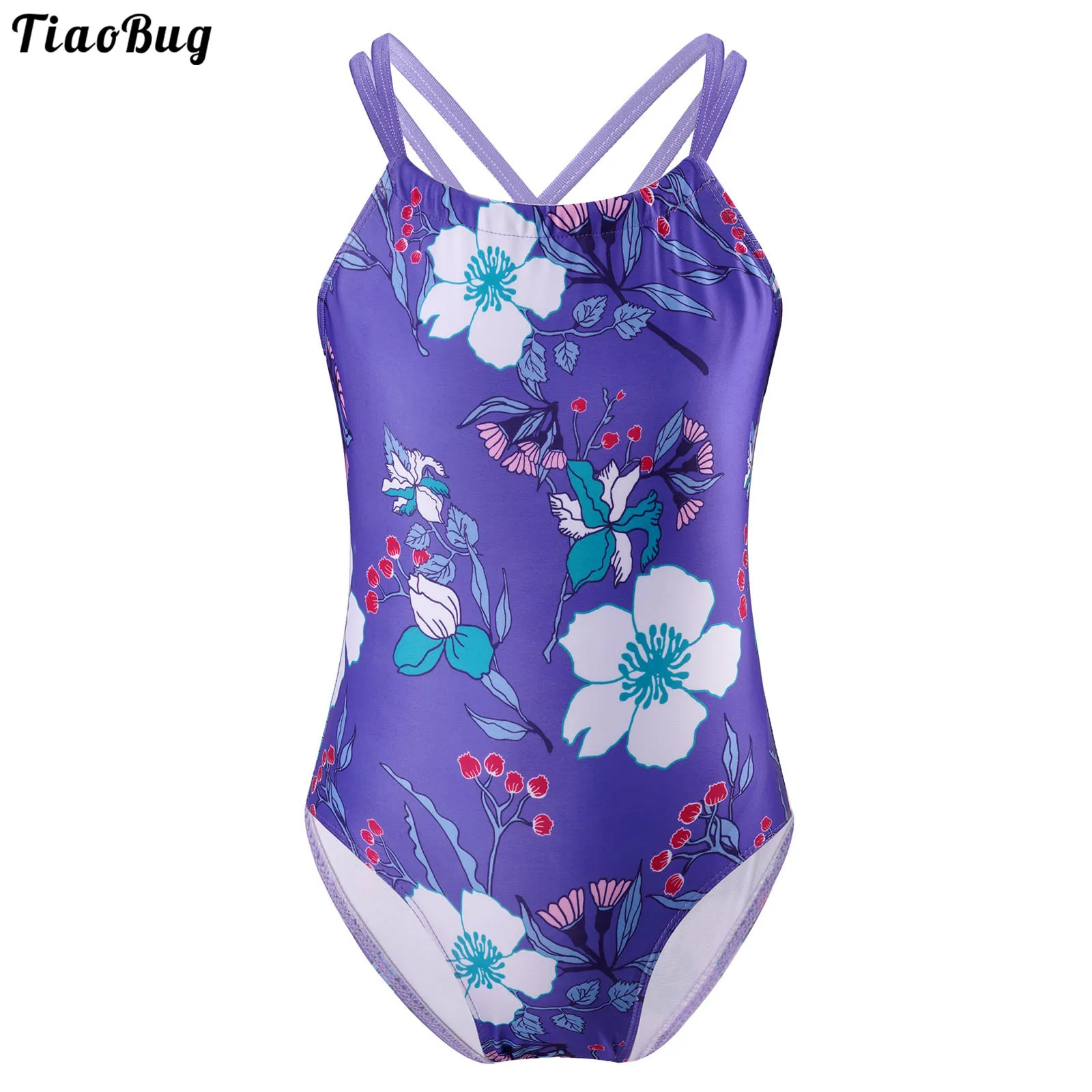 

TiaoBug Summer Kids Girls Floral Print One-Piece Swimming Jumpsuit Halter Neck Shoulder Straps Criss Cross At Rear Swimwear