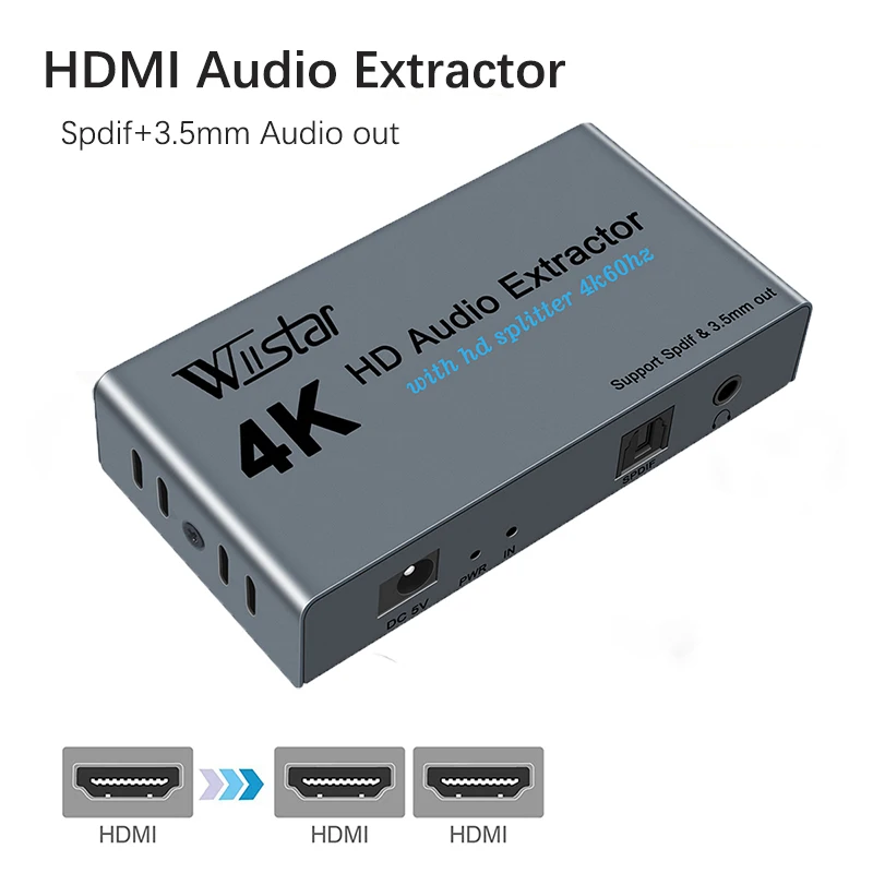 Wiistar ekstraktor dźwięku HDMI Splitter HDMI na 2 HDMI Spliiter 4K60Hz HDMI na HDMI Optica SPDIF + 3.5mm HDMI Audio Sppliter