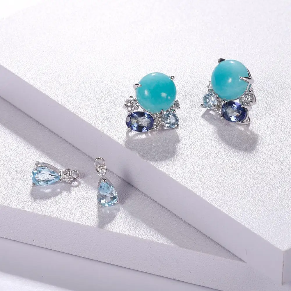 GEM\'S BALLET 925 Sterling Silver Handmade Statement Earrings Natural Amazonyte Blue Topaz Gemstone Drop Earrings For Women
