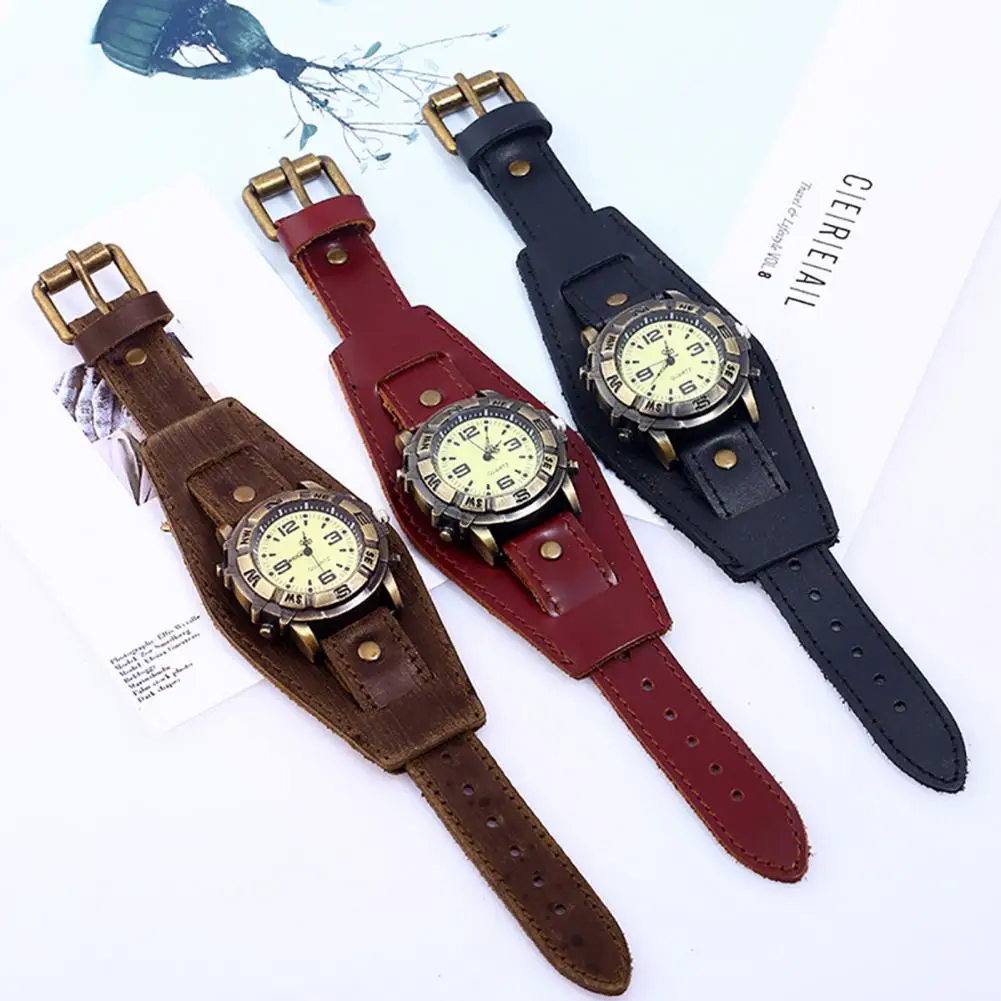 Dropshipping Vintage Women Men Punk Faux Leather Round Dial Quartz Bracelet Wrist Watches