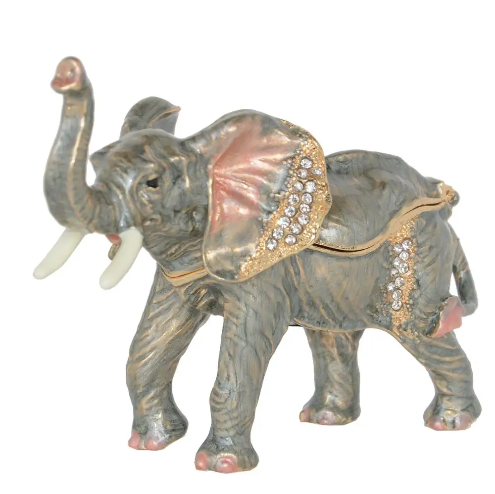 Hand Painted Enamel Lucky Elephant Trinket Box Hinged Unique Ring Necklace Jewelry Organizer Classical Bejeweled Storage Box