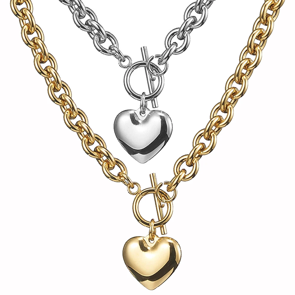 

Cute Girl Romantic Women Gold Tone/Silver Color 316L Stainless Steel O-Chain Necklace With Heart Pendant Jewelry Gift