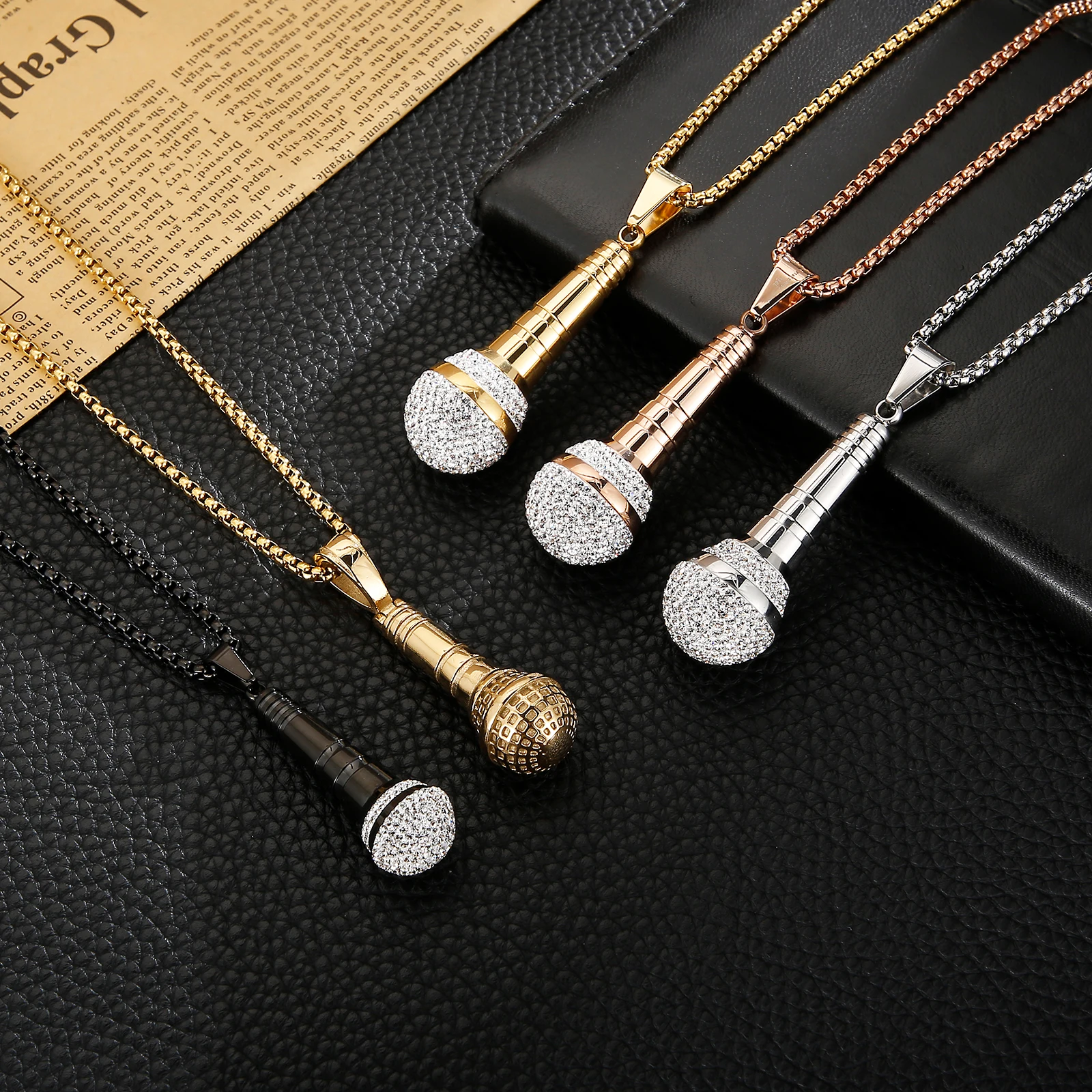 Kalen Hip Hop Trend Microphone Pendant Charm Men\'s Necklace Party Gift Zircon Stainless Steel Jewelry