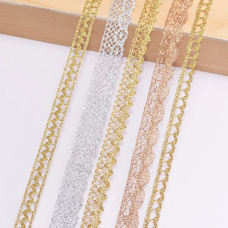 5yards Oro Argento Pizzo Bilaterale Artigianato Ricamato Net Lace Trim Nastro di Tessuto Cucito FAI Da TE Accessori Abito Da Sposa