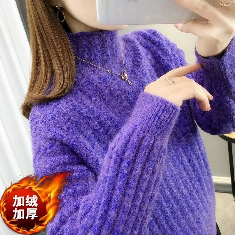 

2021 Autumn Winter Thick Sweater Women Plus Velvet Knitted Ribbed Pullover Warm Long Sleeve Turtleneck Slim Jumper Clothing