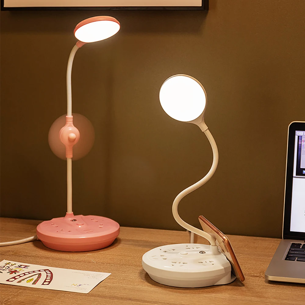 LED Desk Lamp Eye Protection with Charging USB &Sockets Switch Learning Children's Dormitory Bedroom Bedside Reading Night Light