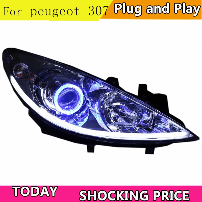 2004-2013 for Peugeot 307 headlight assembly modified sea 5 double light lens LED angel eye 307 xenon headlight