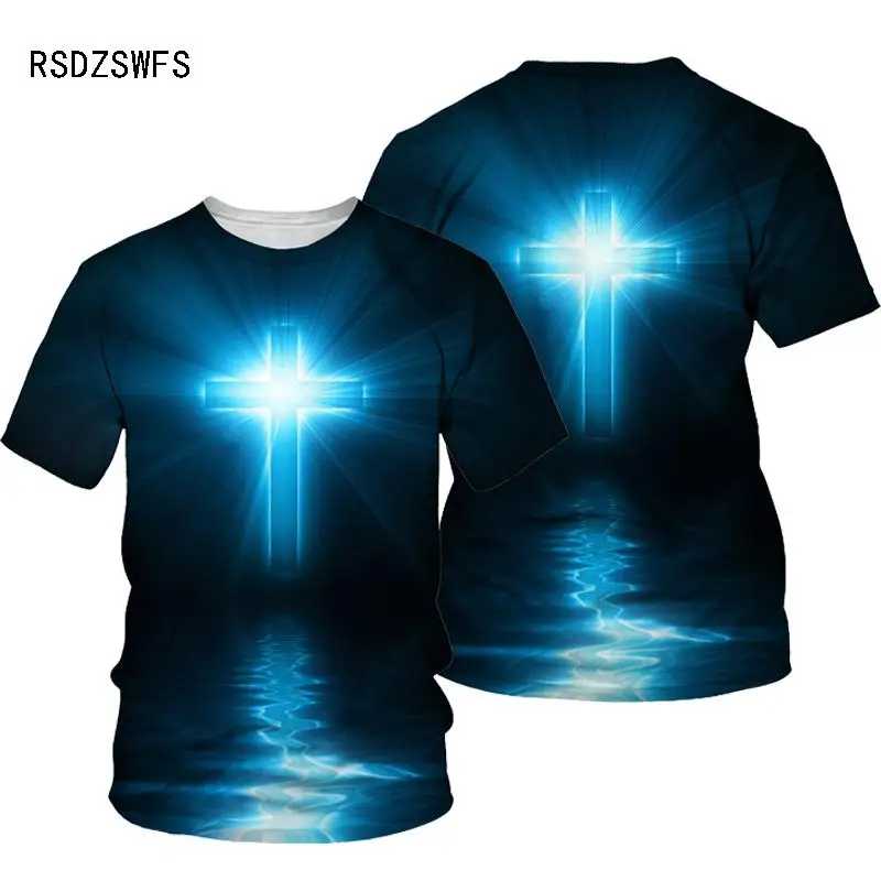 3D Cross Print Men T-shirt Jesus 2021 Summer O Neck Short Sleeve Tees Tops Christian Style Male Clothes Fashion Casual T-shirt