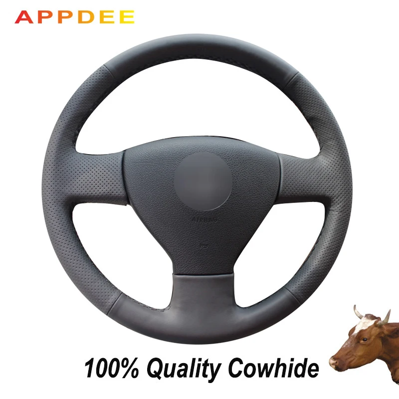 APPDEE Hand-stitched Black Genuine  Leather Steering Wheel Cover for Volkswagen VW Jetta 5 2006 07 2008 2009 2010 Old J e t t a