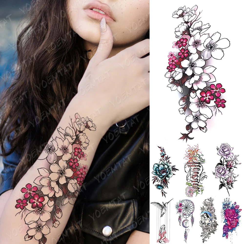 

Waterproof Temporary Tattoo Sticker Sakura Plum Flowers Tattoos Line Minimalism Body Art Arm Fake Sleeve Tatoo Women Men