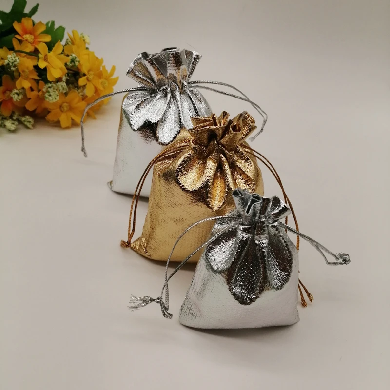 500pcs Drawstring Gold Silver Bag Fabric Packing Bag Aluminium Foil Cloth Bag Wedding Jewelry Bag for Jewelry Packaging Display