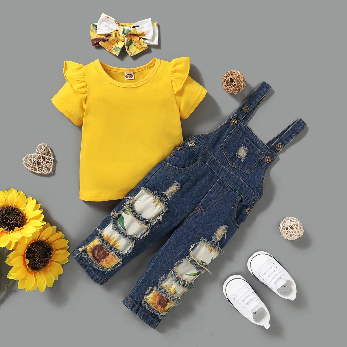 

Sunflower Print Girls Clothing Sets Summer Short Sleeve Shirts Top Ripped Jeans Bib Pants Girl Outfits roupas infantis Overalls