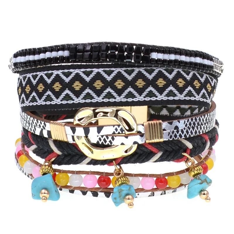 WELLMORE BOHEMIA Bracelets for women 5 colors leather bracelet Beaded stone charm bracelet fashion Female Jewelry wholesale