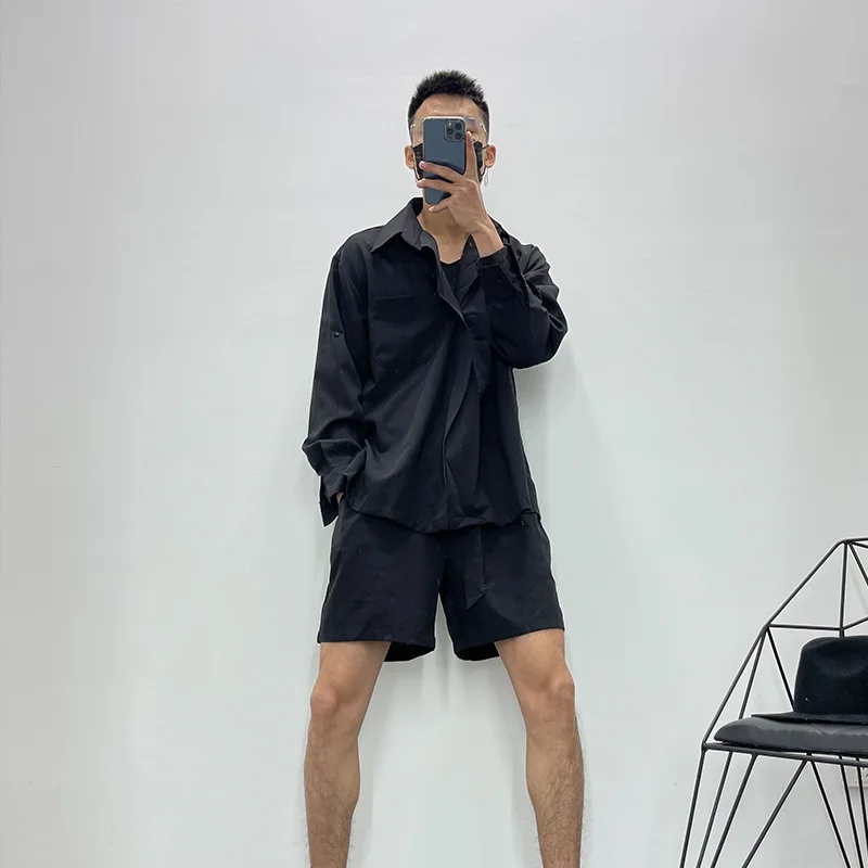 

Men's Two Piece Suit Summer Solid Color Irregular Design Fashion Street Style Simple Baggy Long Sleeve Shirt Baggy Shorts