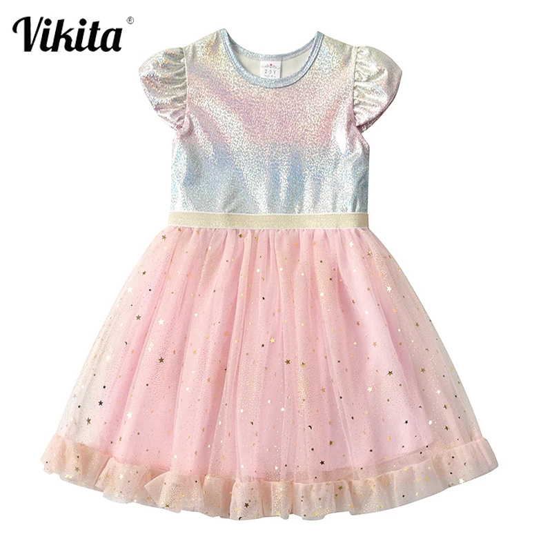 VIKITA Kids Princess Dress for Girls Elegant Pageant Wedding Party Birthday Dress Shiny Sequins Dress for Girl Summer Dresses