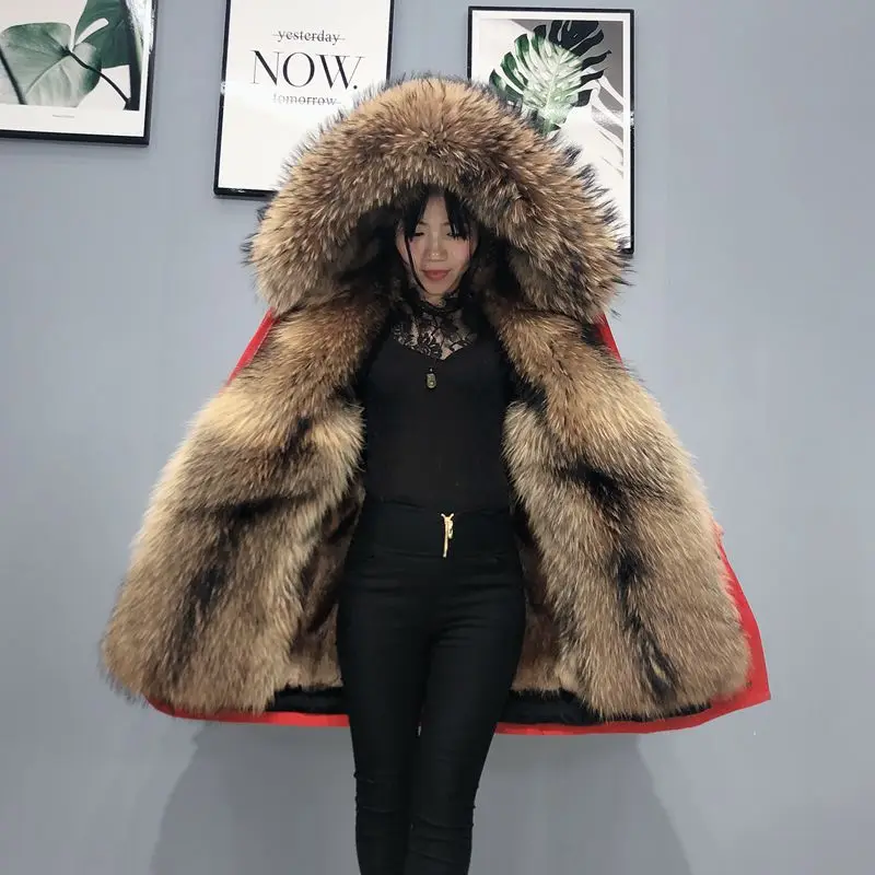 Lavelache Winter Women Real Mink Fur Coat Super Big Raccoon Fur Collar Hooded Jacket Long Thick Warm Detachable Parka