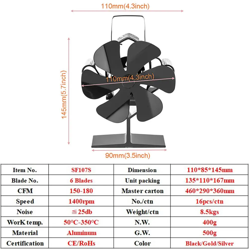 6 Blade Stove Fan Silent Efficient Heat Distribution Fireplace Fan Log Wood Burner Ecofan Heat Powered Fireplace Winter Warm