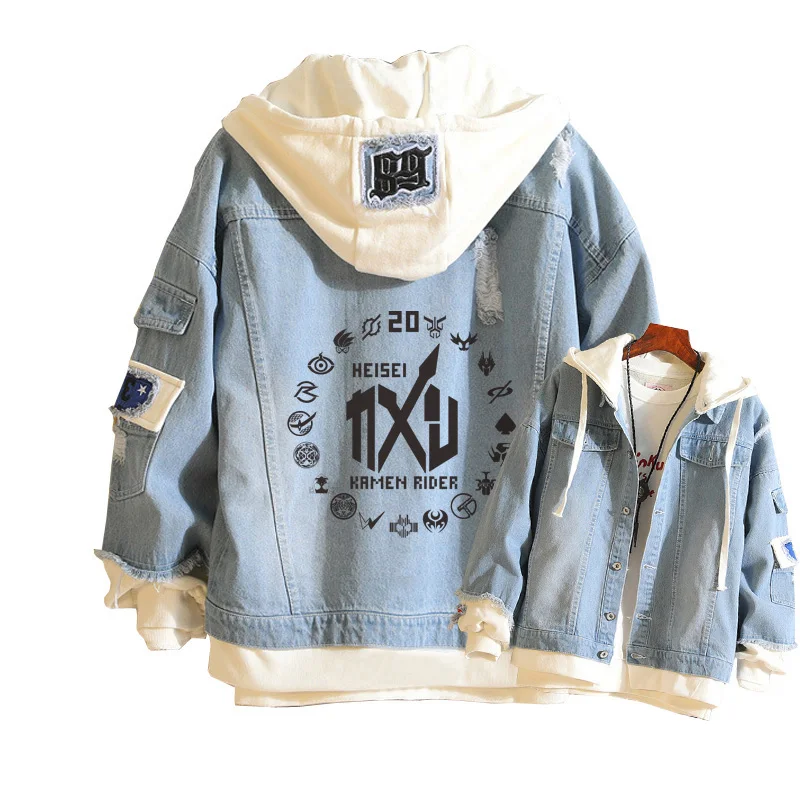 Masked Rider Women Demin Jacket Kamen Rider Spring Autumn Jean Hoodies Harajuku Unisex Streetwear Hooded Anime Sweatshirt Tops