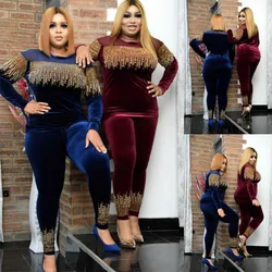 Spring and Autumn African Women Long Sleeve O-neck Two Pieces Sets Top and Long Pant African Clothes for Women