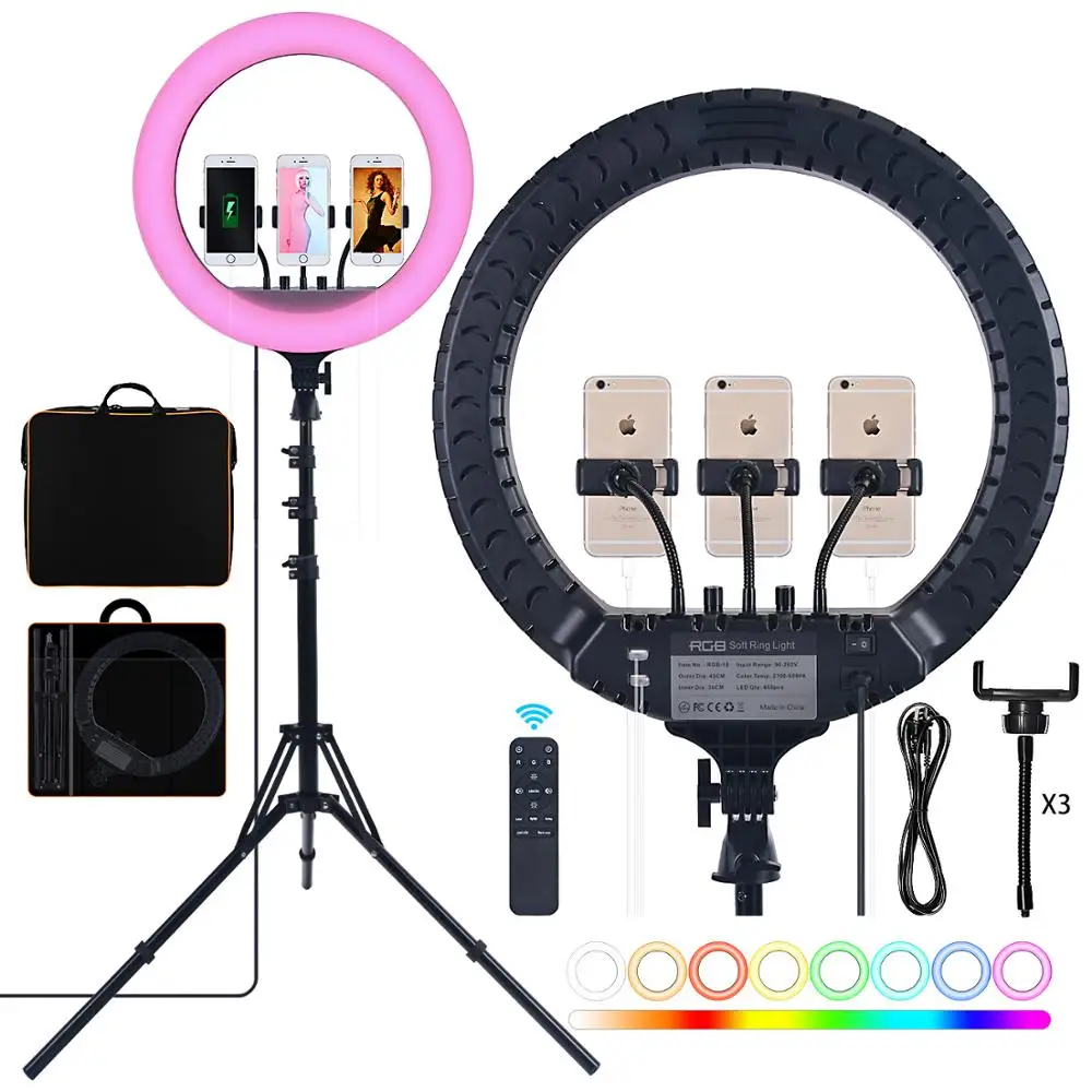 

Fusitu 18 RGB Led Ring Lamp Photographic Light Ringlight With Remote Control USB Port Tripod For Live Broadcast Makeup Shooting