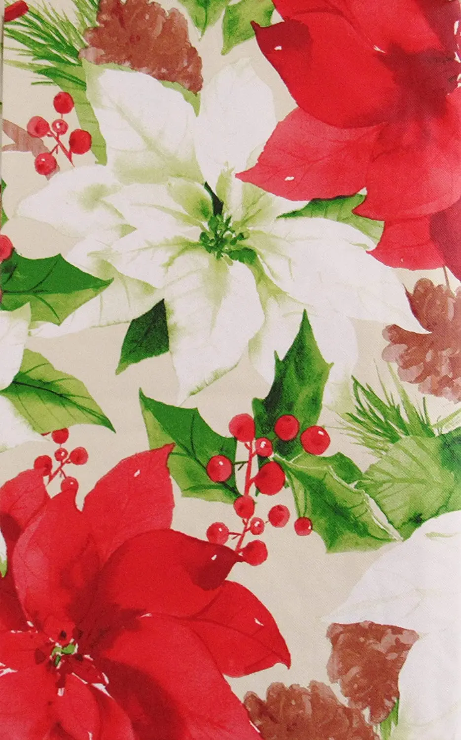 Christmas Holly, Poinsettias and Pine Cones Montage Vinyl Flannel Tablecloth