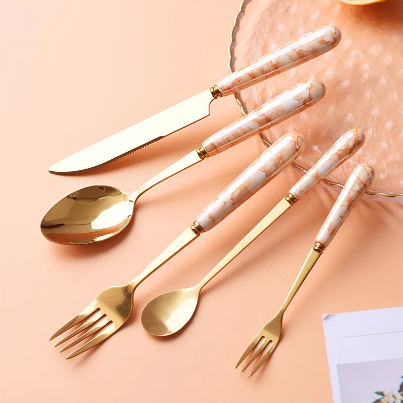 5Pcs/Set Tableware Stainless Steel Spoons Steak Forks Knives Ceramic Handle Cutlery Western Food Dinnerware Kitchen Tools