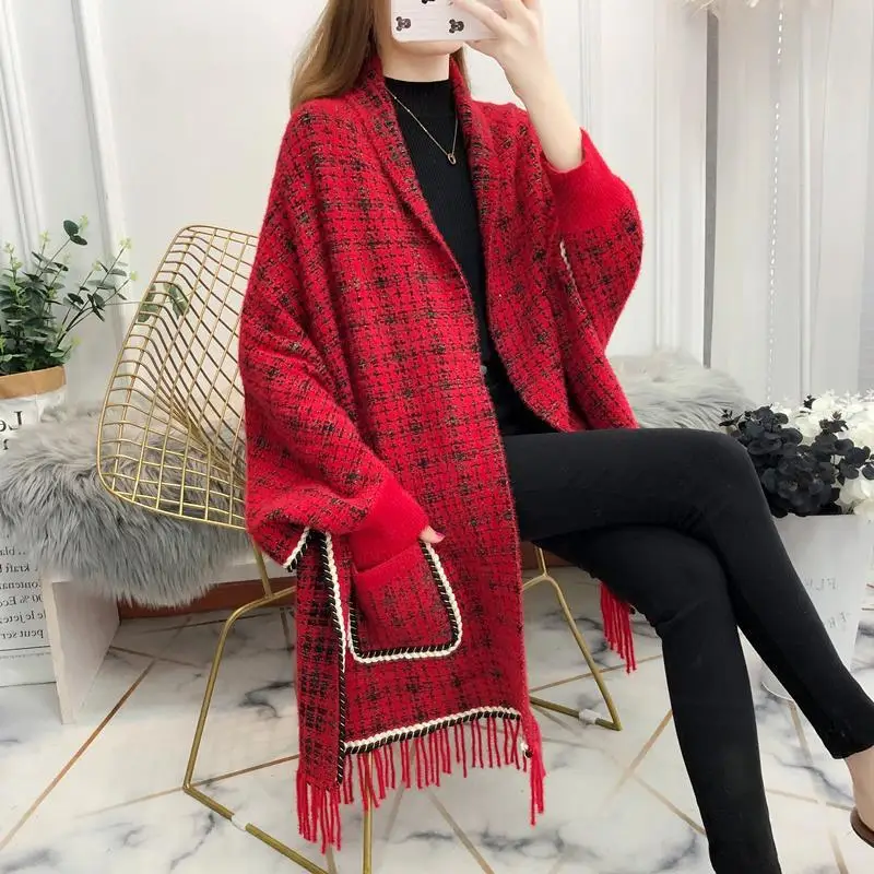 2023 autumn and winter new net red lazy style female shawl jacket mid-length imitation cashmere sweater pocket jacket women