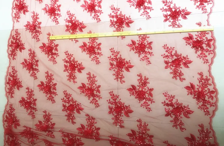 3D Sequin Flower Embroidery Lace Fabric, Dress Show Clothes, DIY Sewing, Black and Red, RS2469