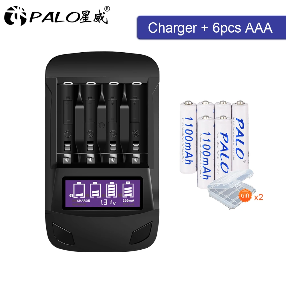 

PALO 6PCS 1.2v 1100MAH AAA Rechargeable Battery 3A Ni-mh Nimh Batteries and LCD Smart Fast USB Rechargeable Battery Charger