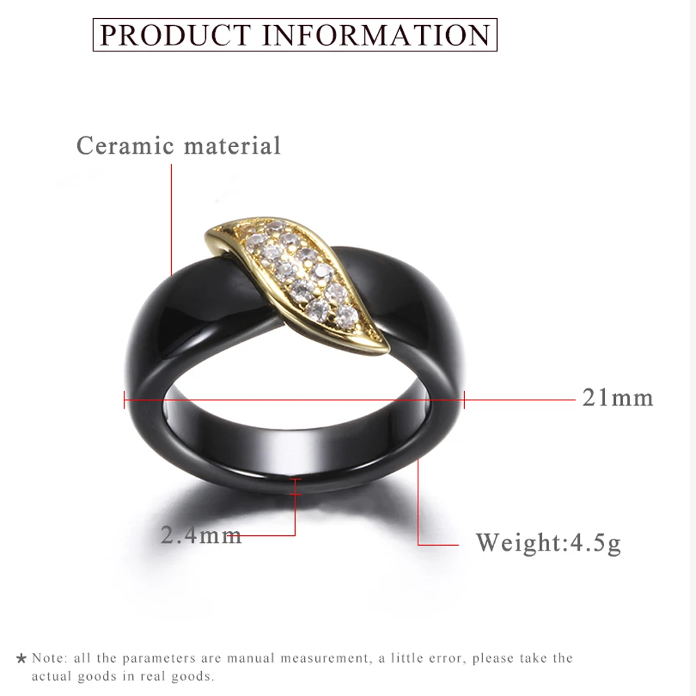 Fashion Jewelry Black/White Women Ring With AAA Crystal Gold Color Leaf Ceramic Rings For Women Wedding Ring Gift