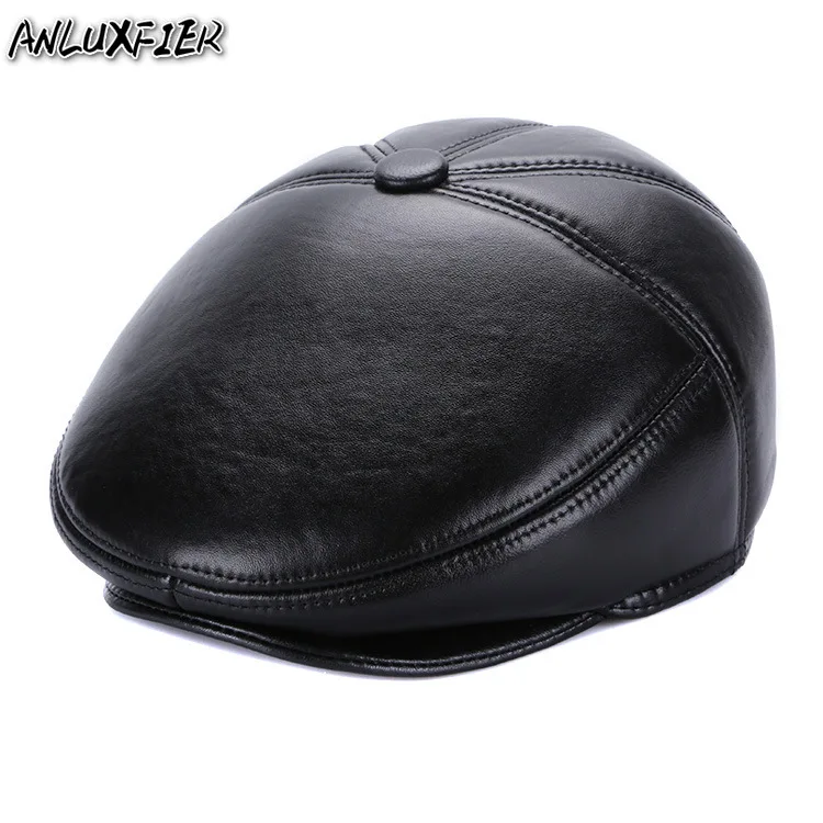 

B-7142 New Sheepskin Visor Hat Men's Genuine Leather Cap Male Winter Warm Hat Father Peaked Cap Visor Hats New Year Gift