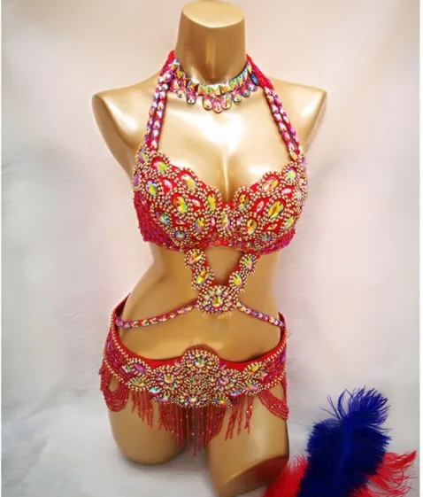 Disfraz de danza del vientre con cuentas de cristal para mujer, conjunto sexy de 3 piezas, barra + cinturón + collar, 2021, 1732