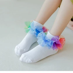 Rainbow - colored ruffled cotton socks children's flanged dance socks, princess cotton socks for students, comfortable and breat