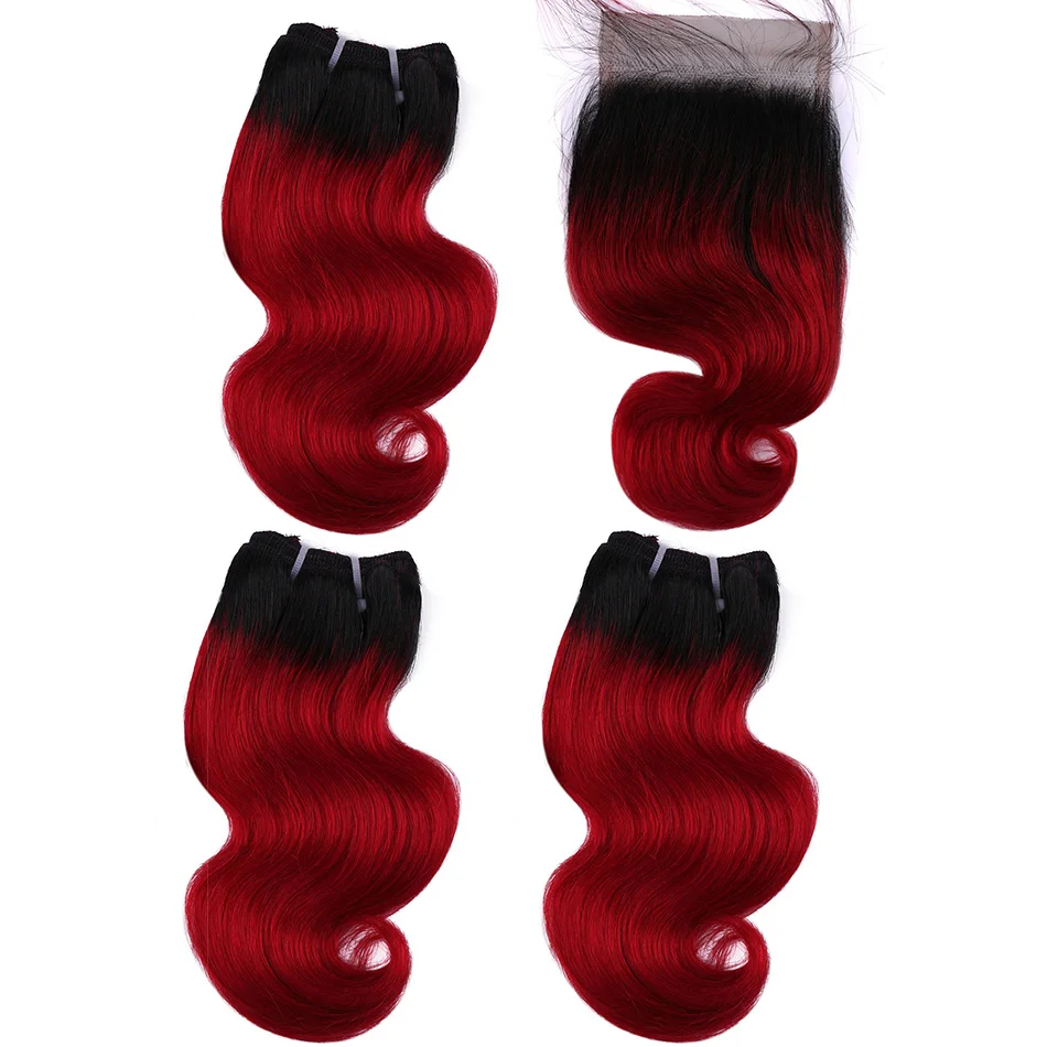 Fasci di onde del corpo brasiliane Ombre di vera bellezza con chiusura fasci di capelli umani colorati bicolore con chiusura biondo rosso blu